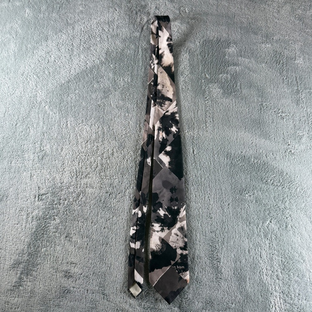 Hardy Amies London Silk Tie Black Grey White‎ Abstract Floral Geometric Print